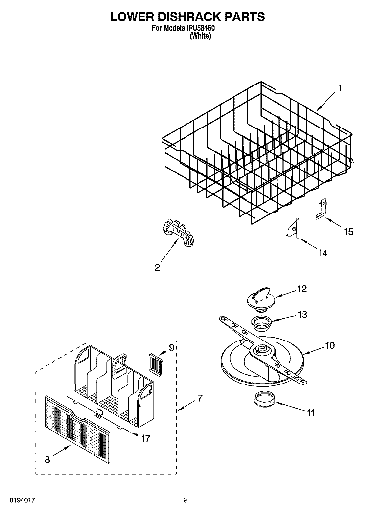 LOWER DISHRACK PARTS, OPTIONAL PARTS (NOT INCLUDED) Diagram and Parts List for IPU58460  Inglis Dishwasher