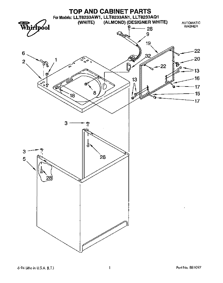 TOP AND CABINET, LIT/OPTIONAL Diagram and Parts List for LLT8233AQ1  Whirlpool Washer
