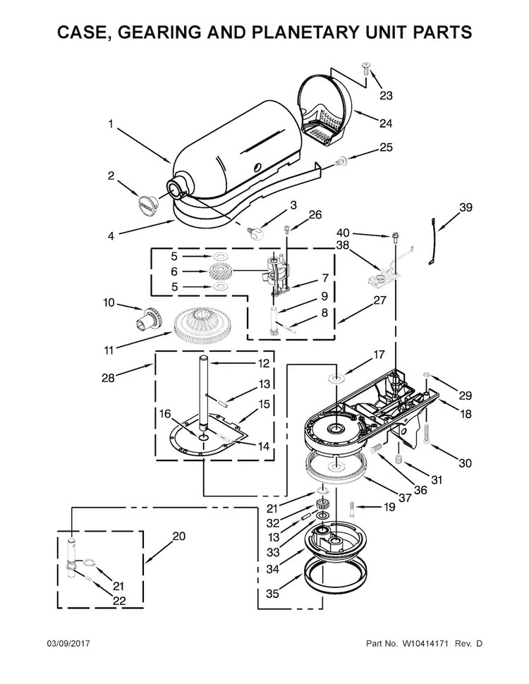 Case, Gearing And Planetary Unit Parts Diagram and Parts List for 9KSM95ER0  KitchenAid Mixer