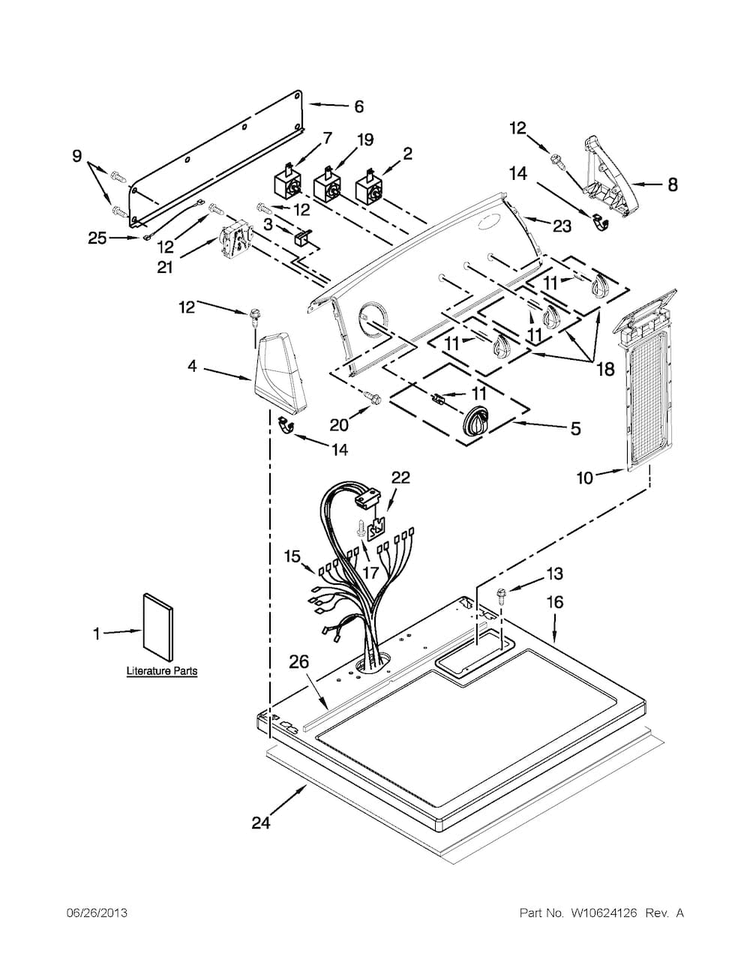 Top And Console Parts Diagram and Parts List for 7MWGD1705YM3  Whirlpool Dryer