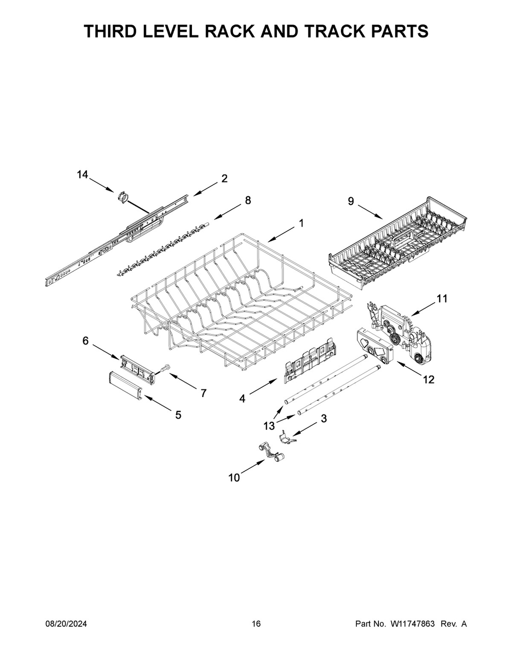 09 - Third Level Rack And Track Parts Diagram and Parts List for KDTM704KPS3  Whirlpool Dishwasher