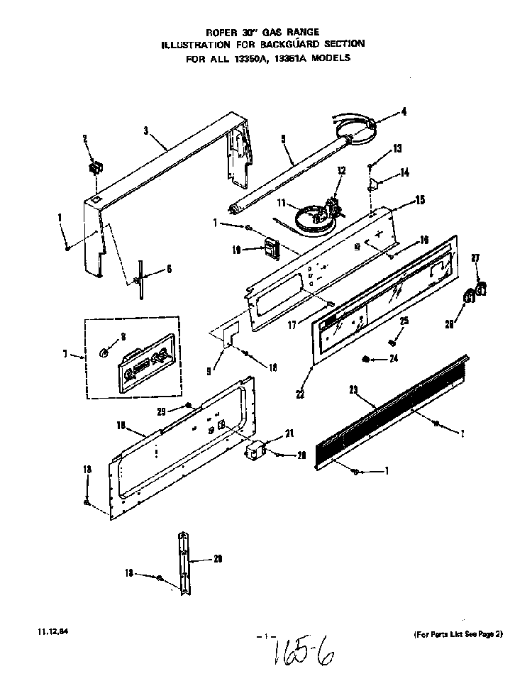 Backguard Diagram and Parts List for 1335*0A  Roper Range