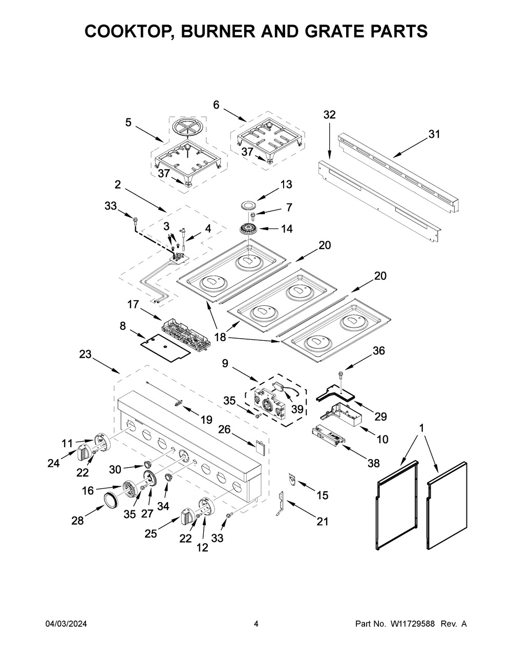 Cooktop, Burner And Grate Parts Diagram and Parts List for KFGC506JBK07  KitchenAid Range