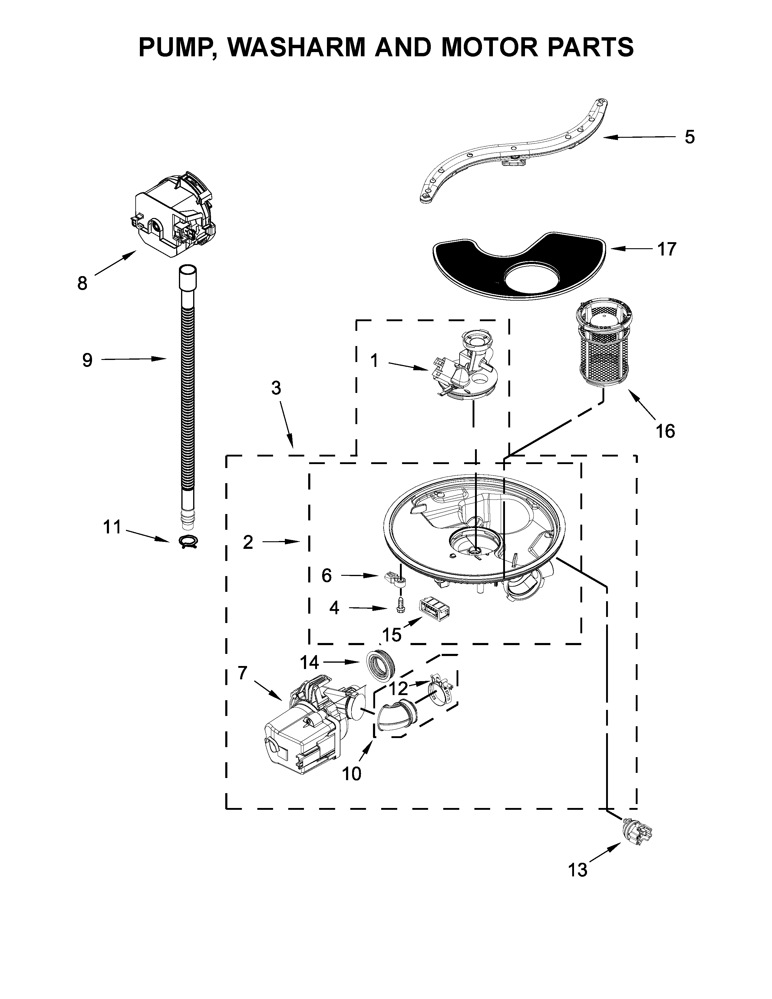 Pump, Washarm And Motor Parts Diagram and Parts List for 66513809N710  Kenmore Dishwasher