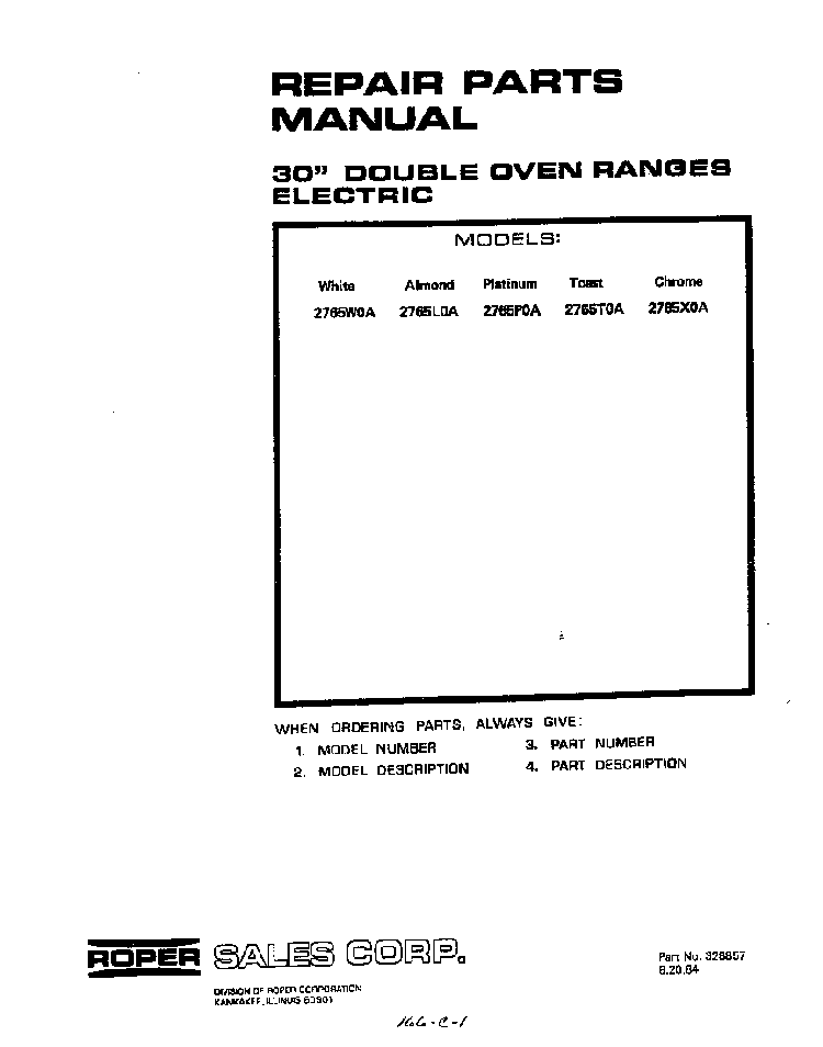 Front Cover Diagram and Parts List for 2765*0A  Roper Range