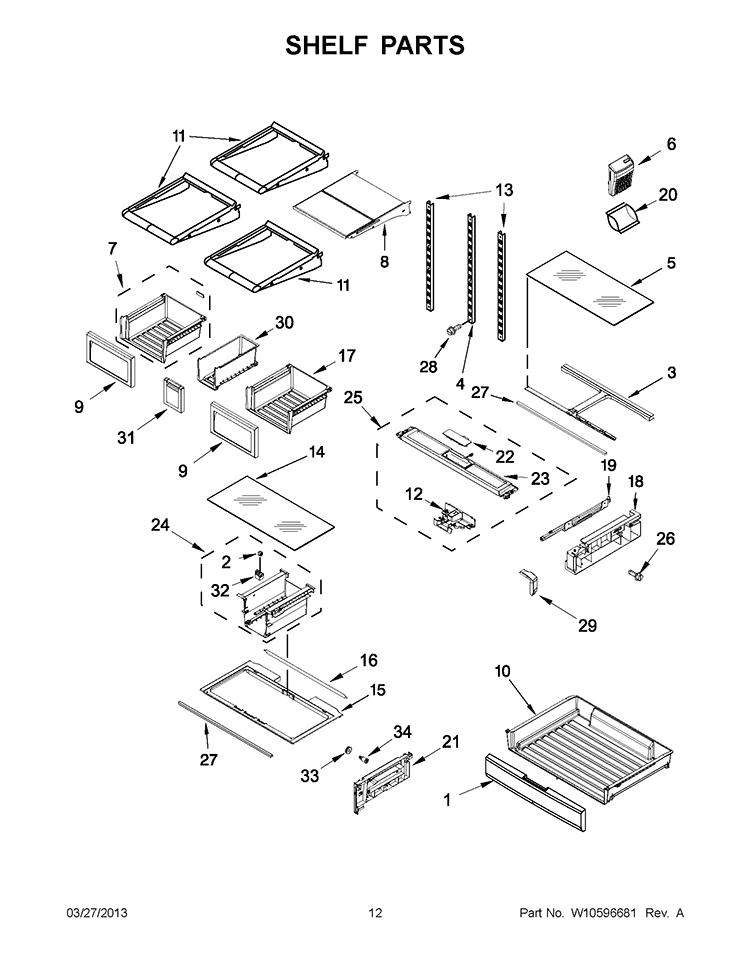 SHELF PARTS Diagram and Parts List for 7WF736SDAM10  Whirlpool Refrigerator