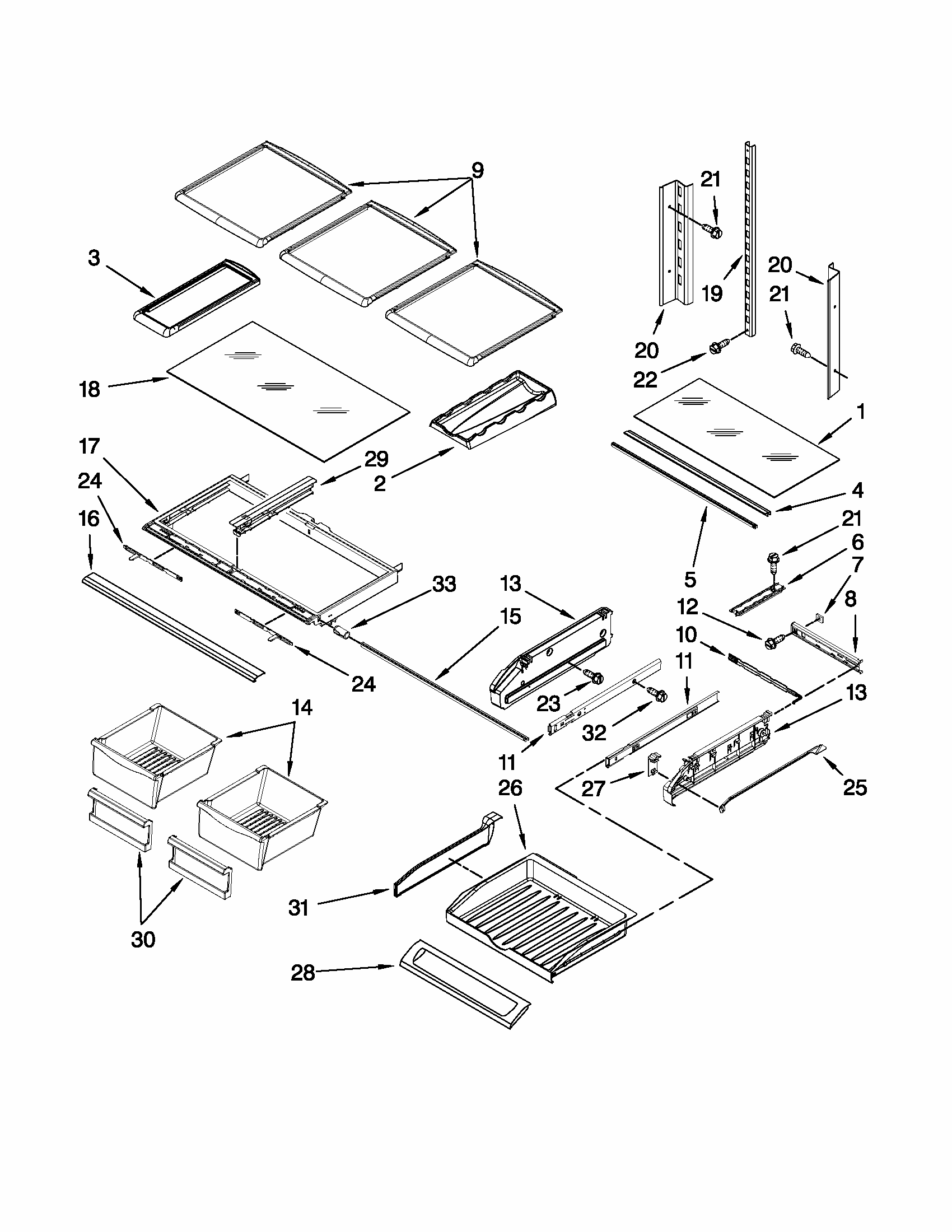 Shelf Parts Diagram and Parts List for 59679542014  Kenmore Refrigerator