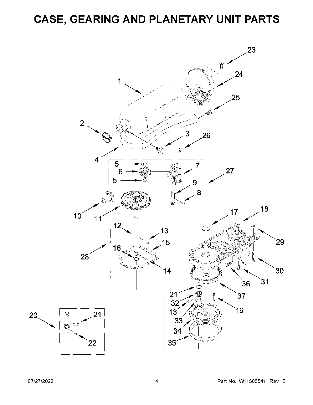 Case, Gearing And Planetary Unit Parts Diagram and Parts List for KSM97BM0  KitchenAid Mixer