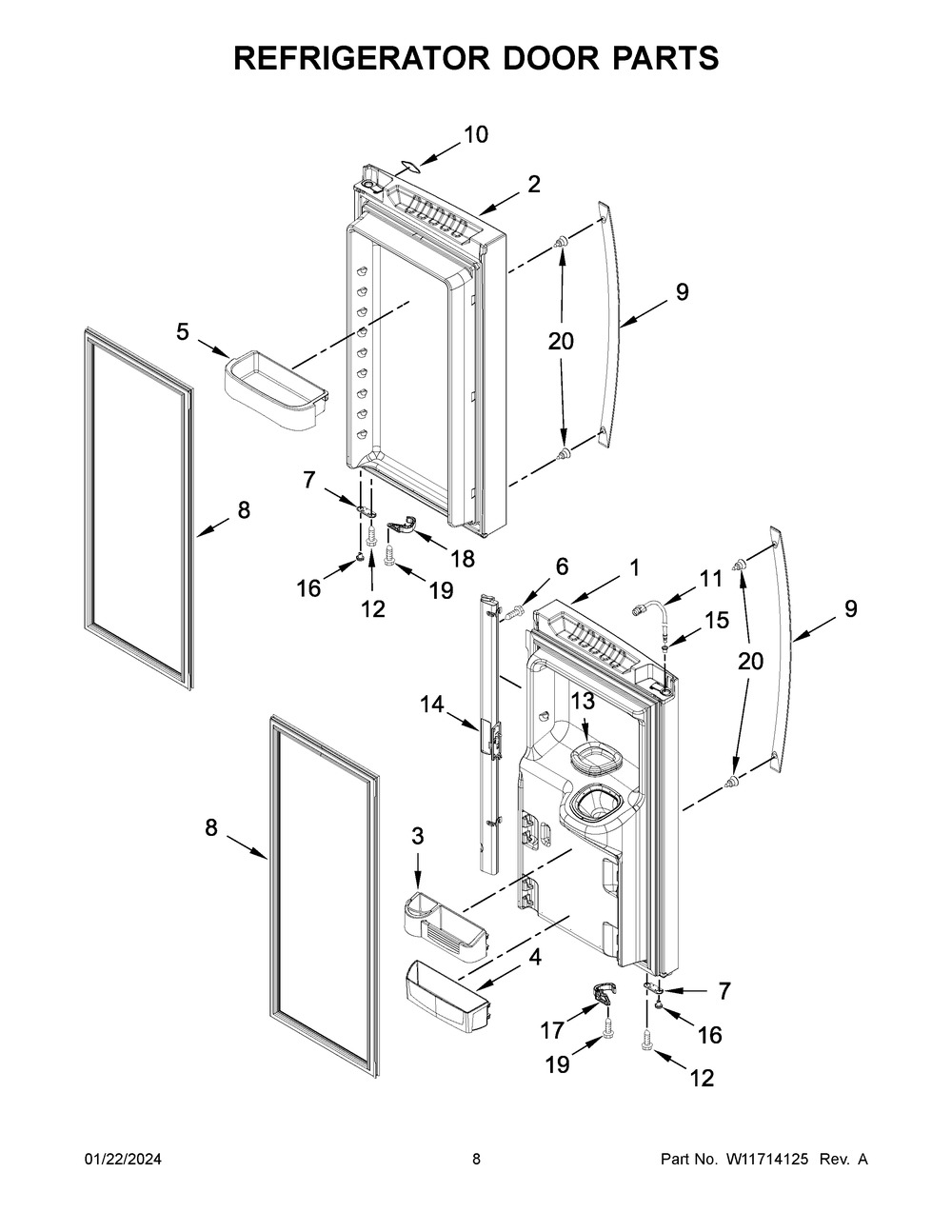 Refrigerator Door Parts Diagram and Parts List for WRF555SDHV10  Whirlpool Refrigerator