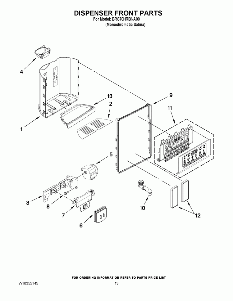 DISPENSER FRONT PARTS Diagram and Parts List for BRS70HRBNA00  Whirlpool Refrigerator