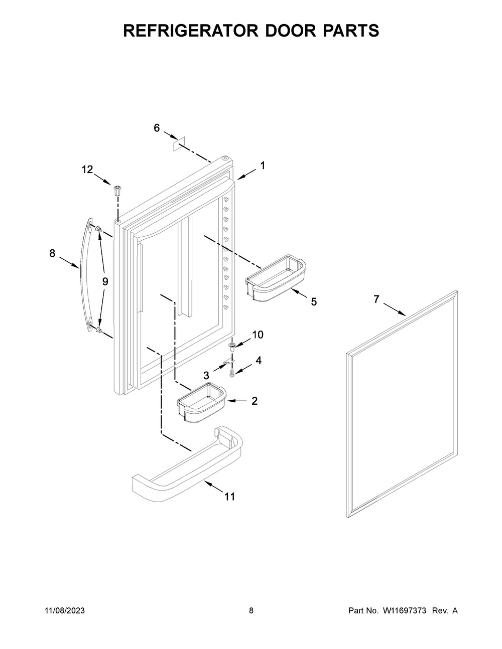 Refrigerator Door Parts Diagram and Parts List for WRB329RFBM05  Whirlpool Refrigerator