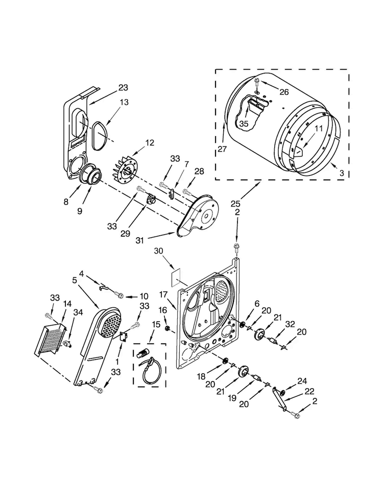 Bulkhead Parts Diagram and Parts List for 1106192311  Kenmore Dryer