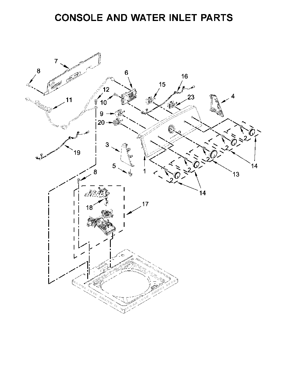 Console and water inlet parts Diagram and Parts List for 11022352511  Kenmore Washer