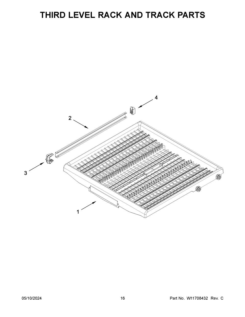 Third Level Rack And Track Parts Diagram and Parts List for WDT550SAPW0  Whirlpool Dishwasher