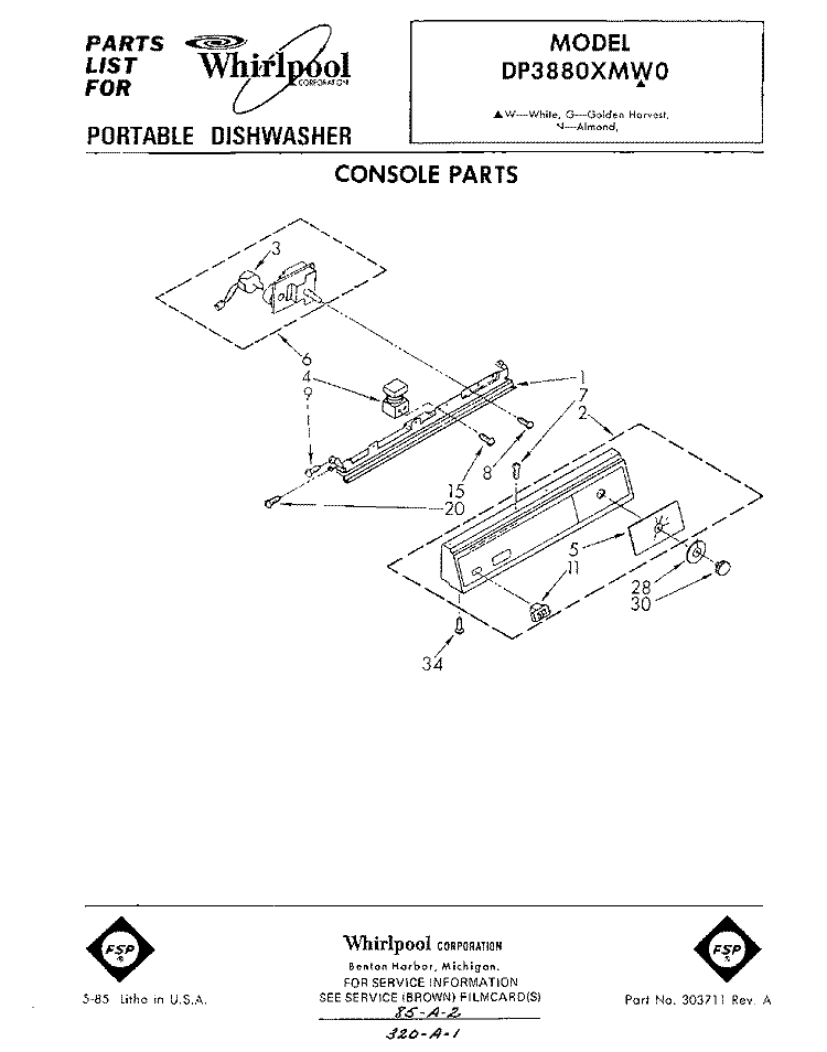 CONSOLE Diagram and Parts List for DP3880XMW0  Whirlpool Dishwasher