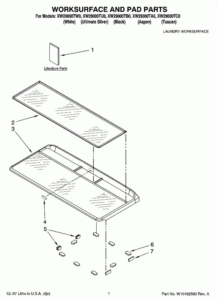 WORKSURFACE AND PAD PARTS Diagram and Parts List for XW29000TA0  Whirlpool Laundry Accessories