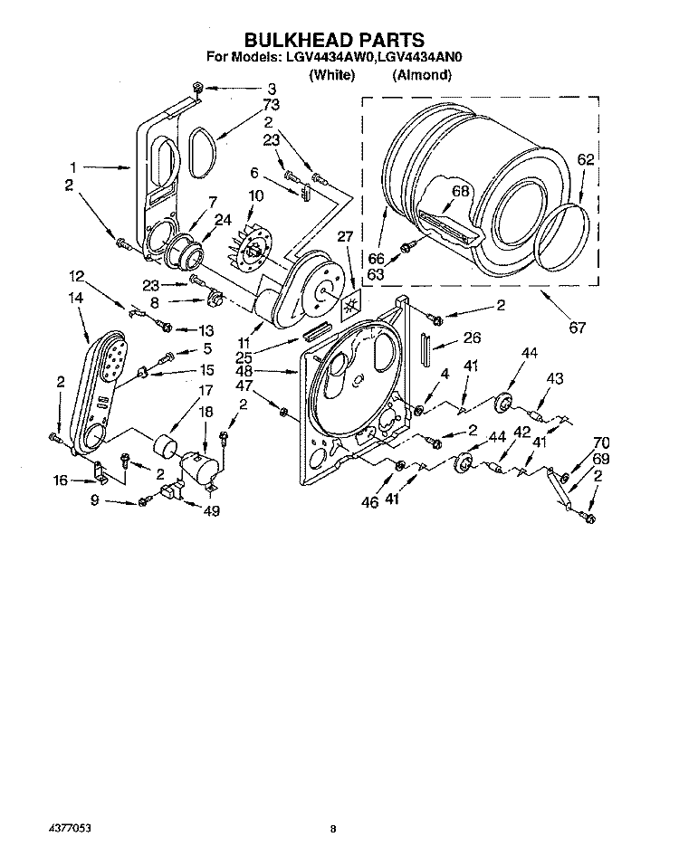 BULKHEAD Diagram and Parts List for LGV4434AW0  Whirlpool Dryer