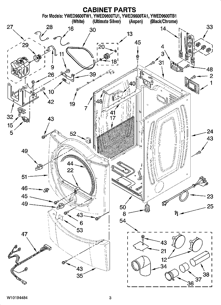 CABINET PARTS Diagram and Parts List for YWED9600TU1  Whirlpool Dryer