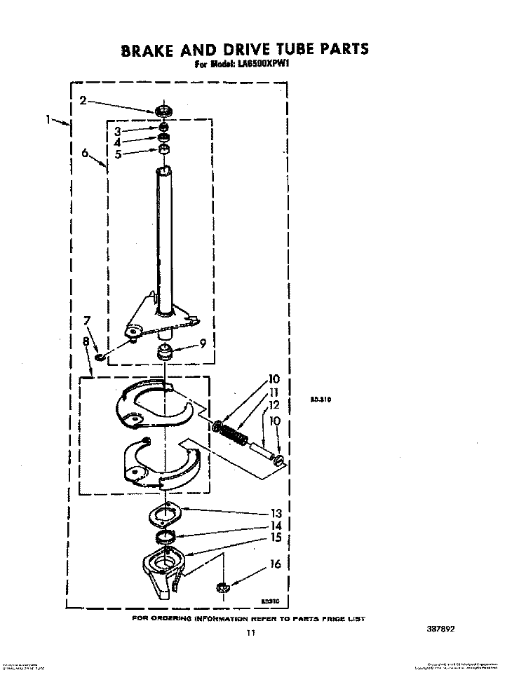 BRAKE AND DRIVE TUBE Diagram and Parts List for LA6500XPW1  Whirlpool Washer