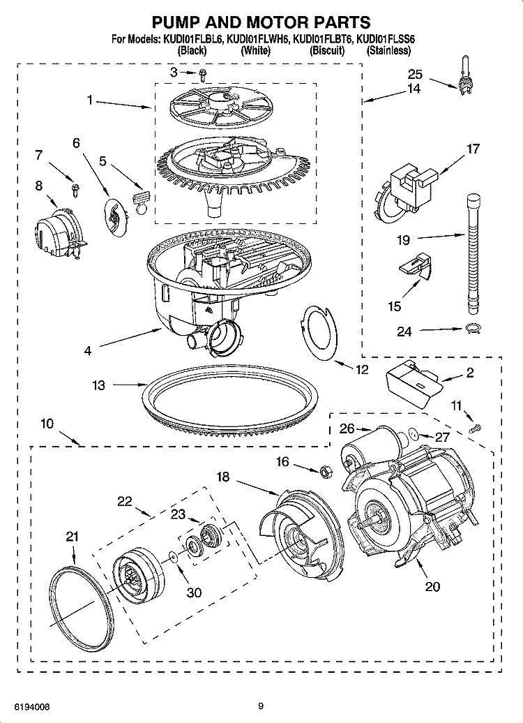 PUMP AND MOTOR PARTS Diagram and Parts List for KUDI01FLSS6  KitchenAid Dishwasher