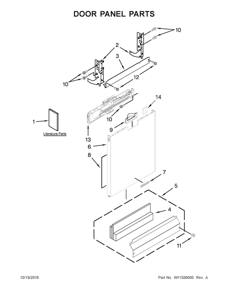 Door Panel Parts Diagram and Parts List for KDFE104DWH4  KitchenAid Dishwasher