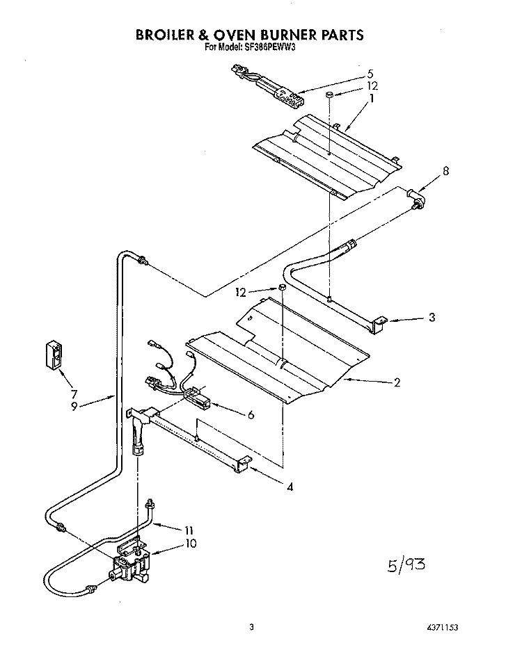 BROILER AND OVEN BURNER Diagram and Parts List for SF386PEWW3  Whirlpool Range