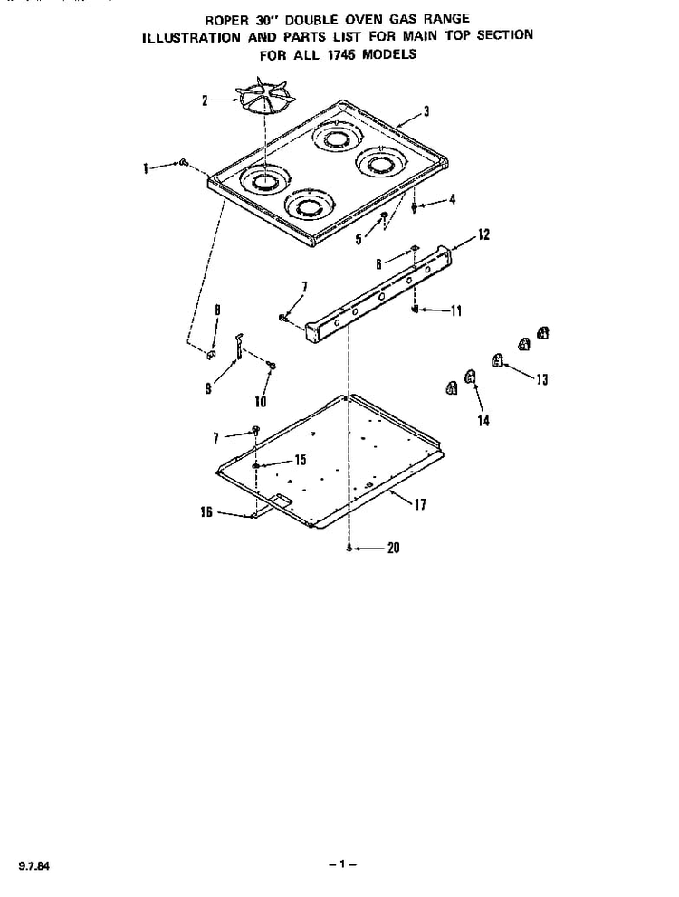 Main Top Diagram and Parts List for 1745*0A  Roper Range