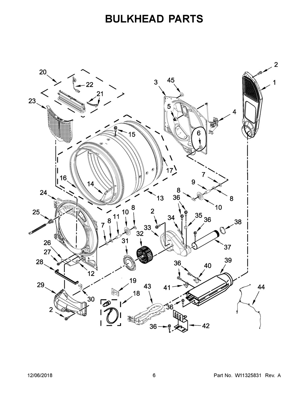 Bulkhead Parts Diagram and Parts List for YWED9620HC0  Whirlpool Dryer