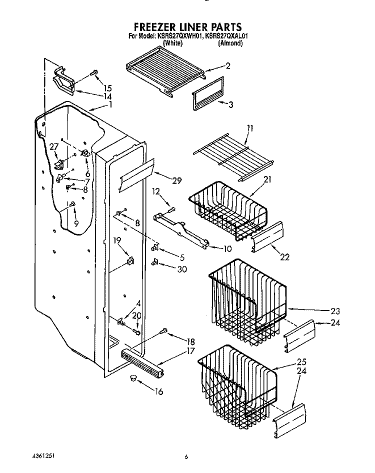 FREEZER LINER Diagram and Parts List for KSRS27QXWH01  KitchenAid Refrigerator