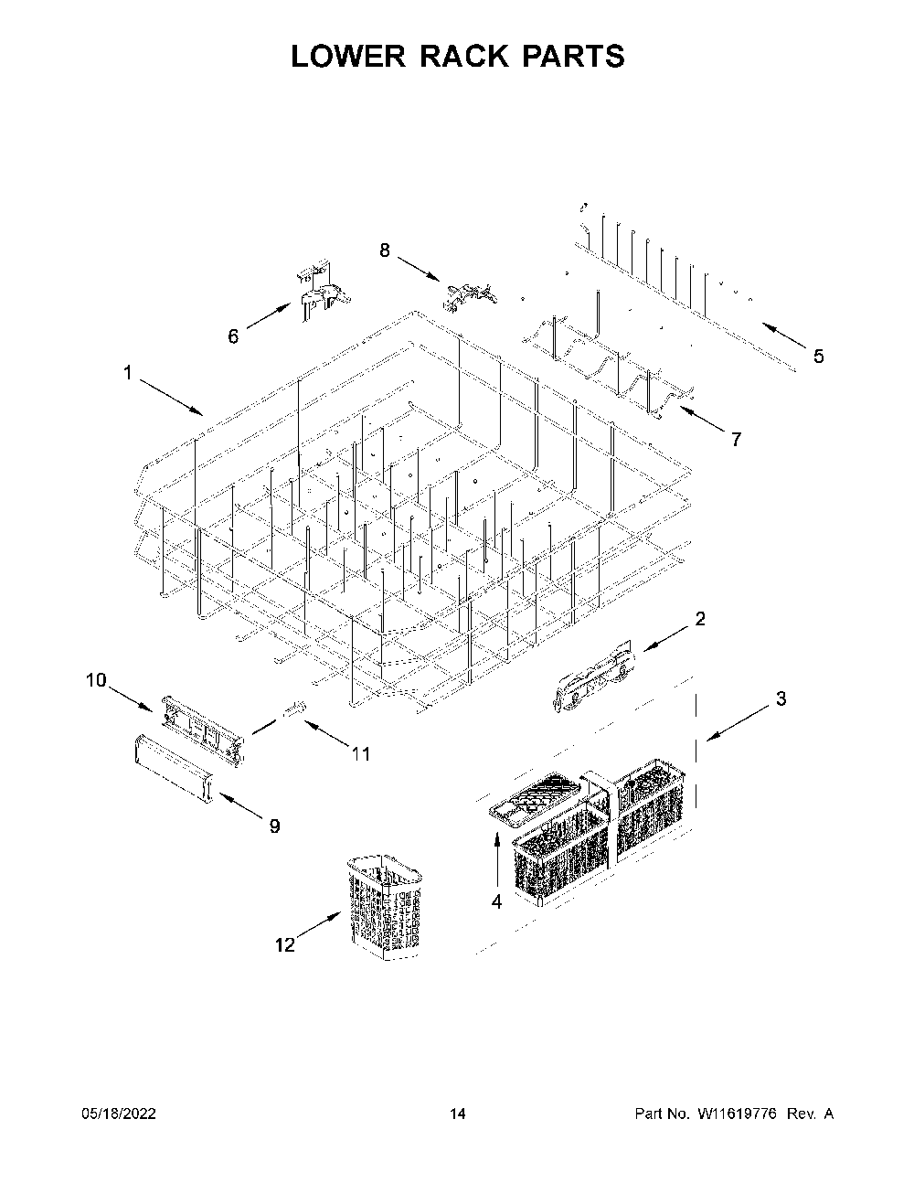 Lower Rack Parts Diagram and Parts List for KDTM704KPS1  KitchenAid Dishwasher