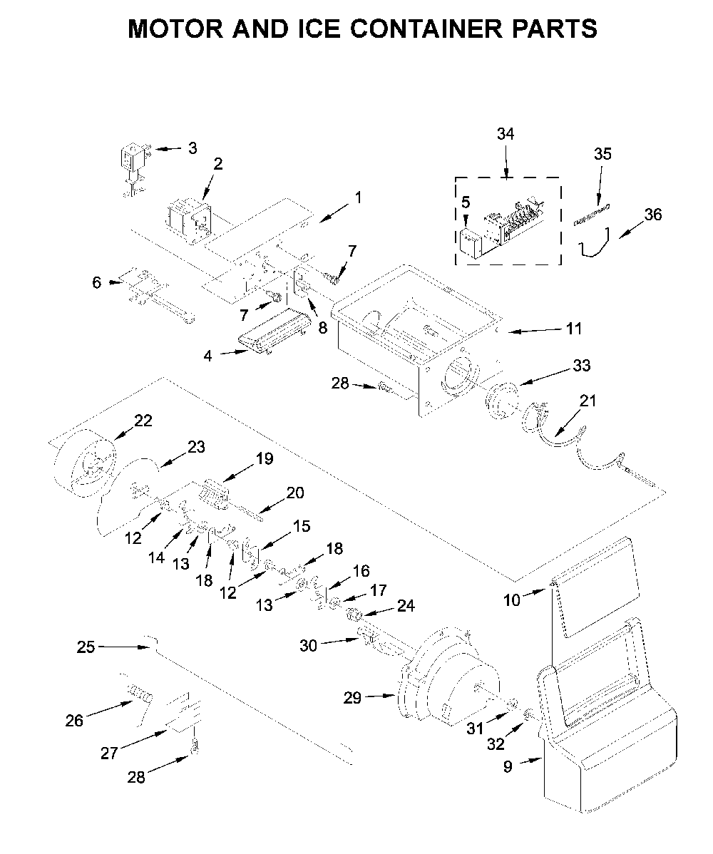 Motor and ice container parts Diagram and Parts List for 10651115710  Kenmore Refrigerator