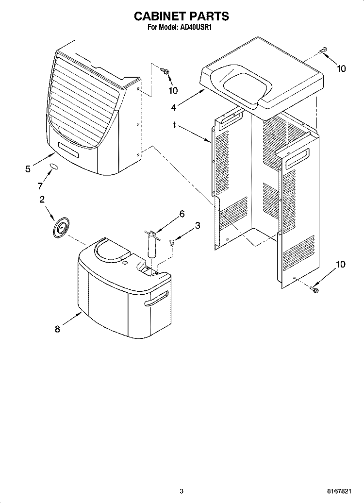 CABINET PARTS Diagram and Parts List for AD40USR1  Whirlpool Dehumidifier