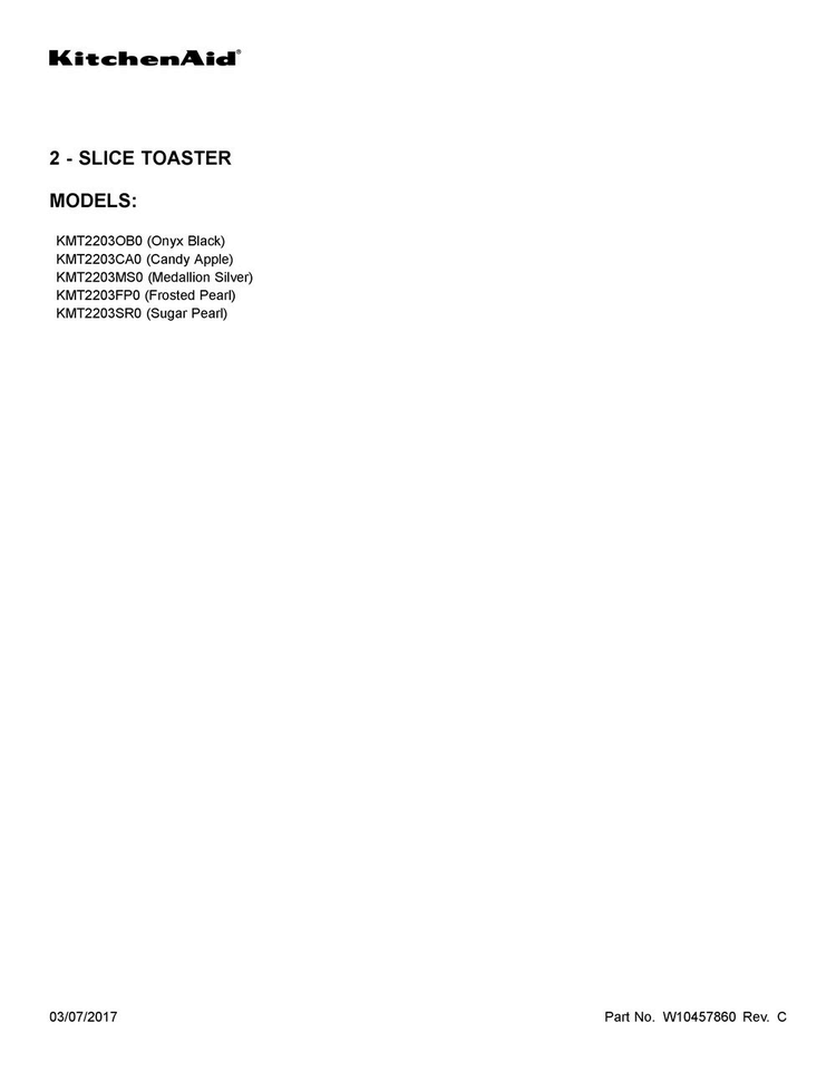 Cover Sheet Diagram and Parts List for KMT2203SR0  KitchenAid Toaster