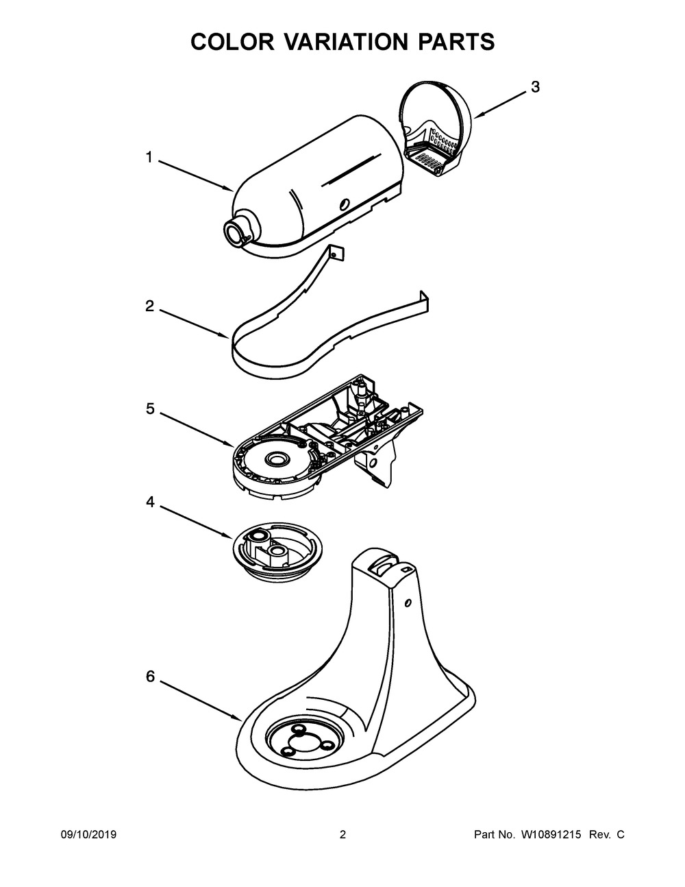 Color Variation Parts Diagram and Parts List for 5KSM125BBM4  Whirlpool Mixer