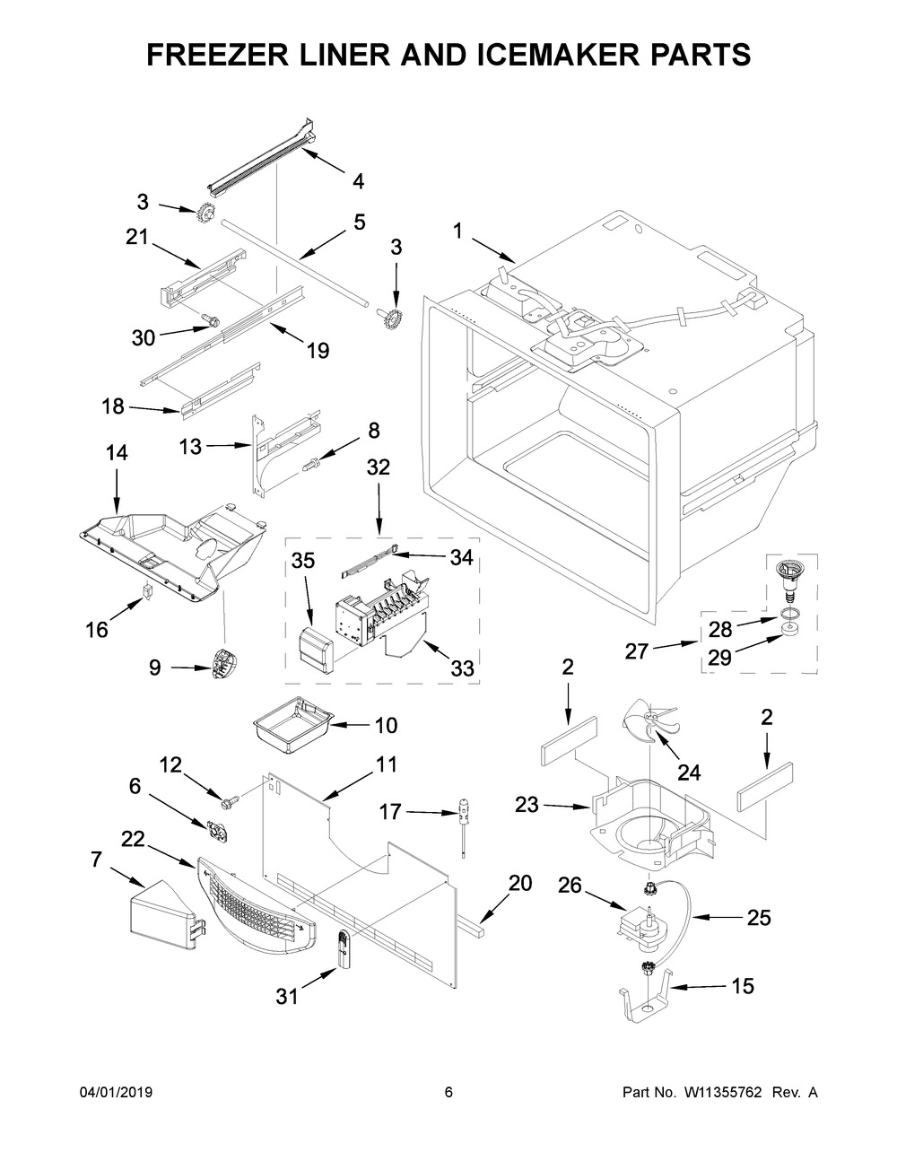 Freezer Liner And Icemaker Parts Diagram and Parts List for IX6HHEXDSM03  Whirlpool Refrigerator