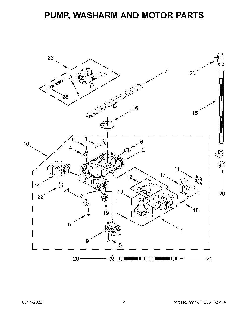 Pump, Washarm And Motor Parts Diagram and Parts List for KDTE204KBS1  KitchenAid Dishwasher