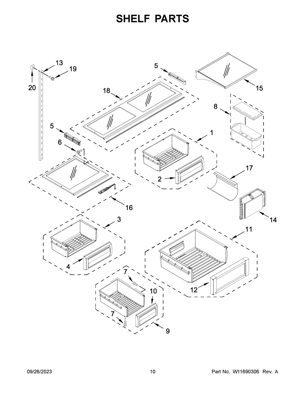 Shelf Parts Diagram and Parts List for KBFN506EPA05  KitchenAid Refrigerator