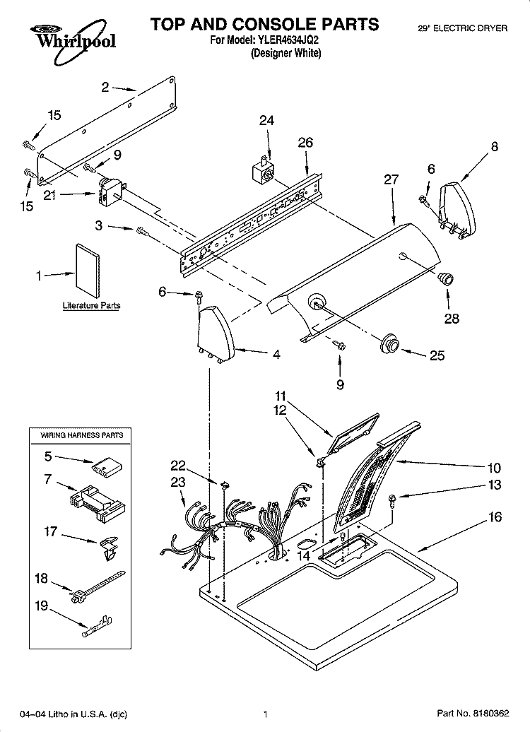 TOP AND CONSOLE PARTS Diagram and Parts List for YLER4634JQ2  Whirlpool Dryer