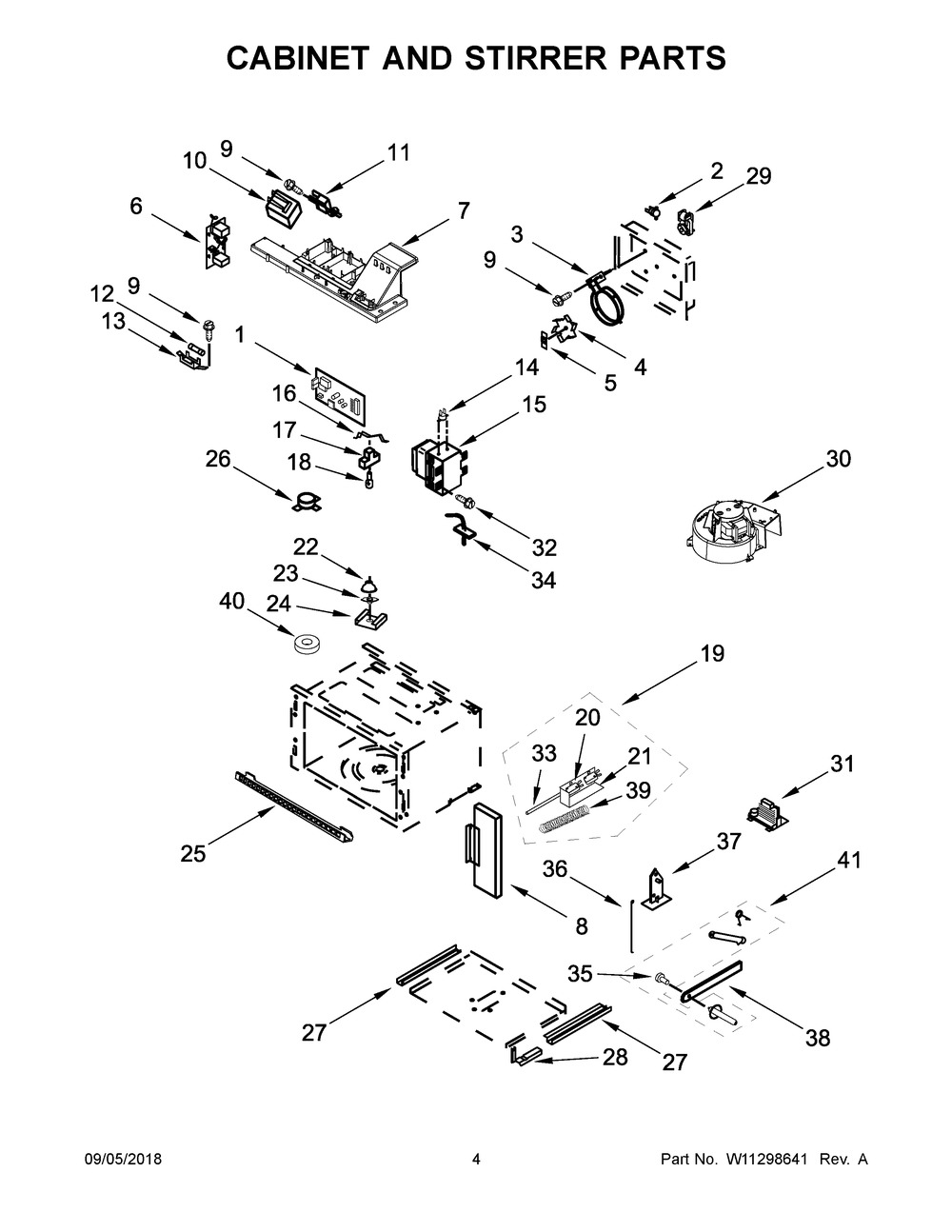 Cabinet And Stirrer Parts Diagram and Parts List for KOCE507EBS04  Whirlpool Microwave Oven Combo