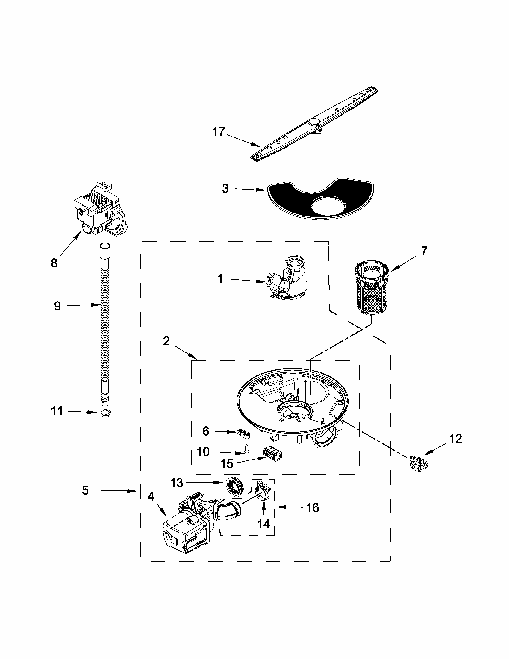 Pump, Washarm And Motor Parts Diagram and Parts List for IUD3100BW2  Whirlpool Dishwasher