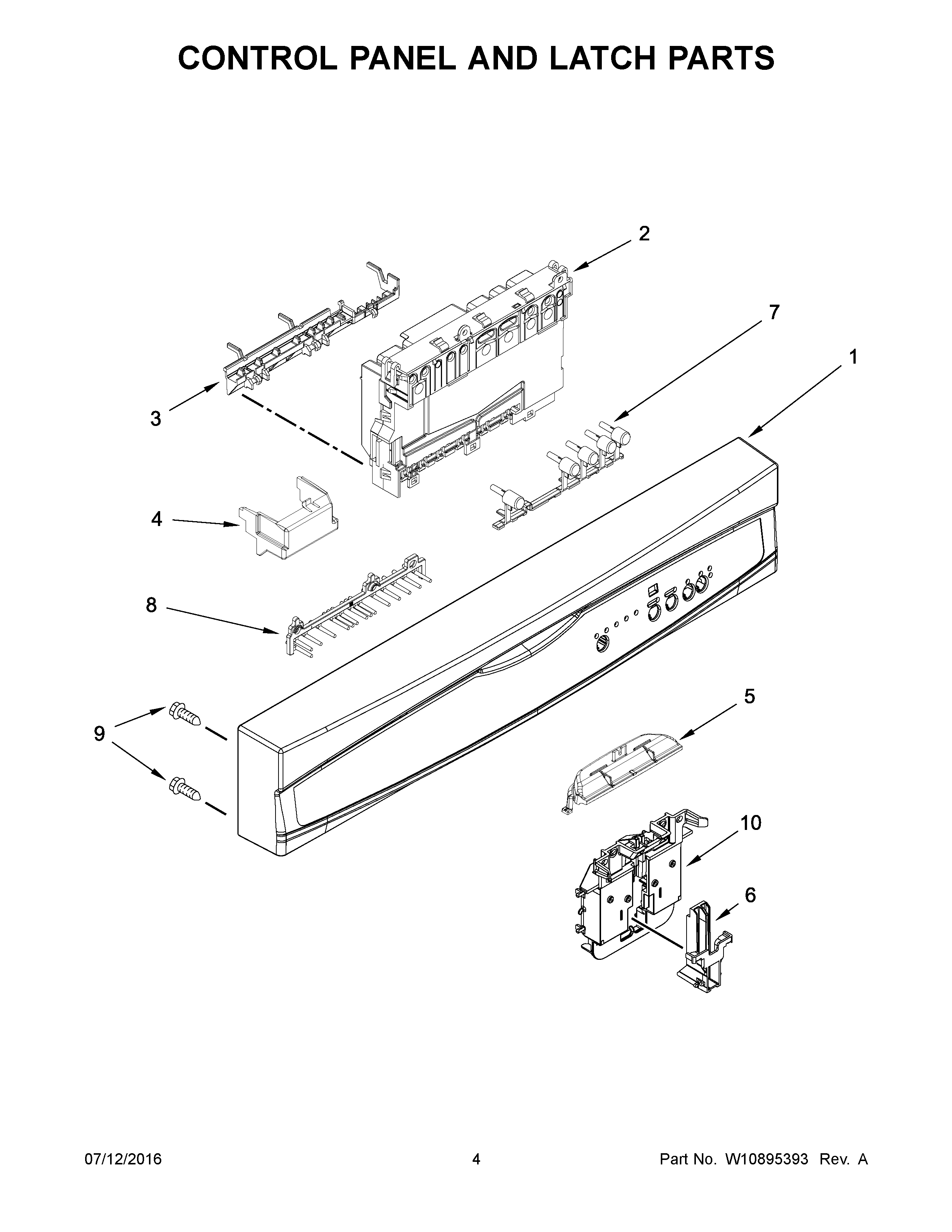 Control Panel And Latch Parts Diagram and Parts List for 66514422N511  Kenmore Dishwasher