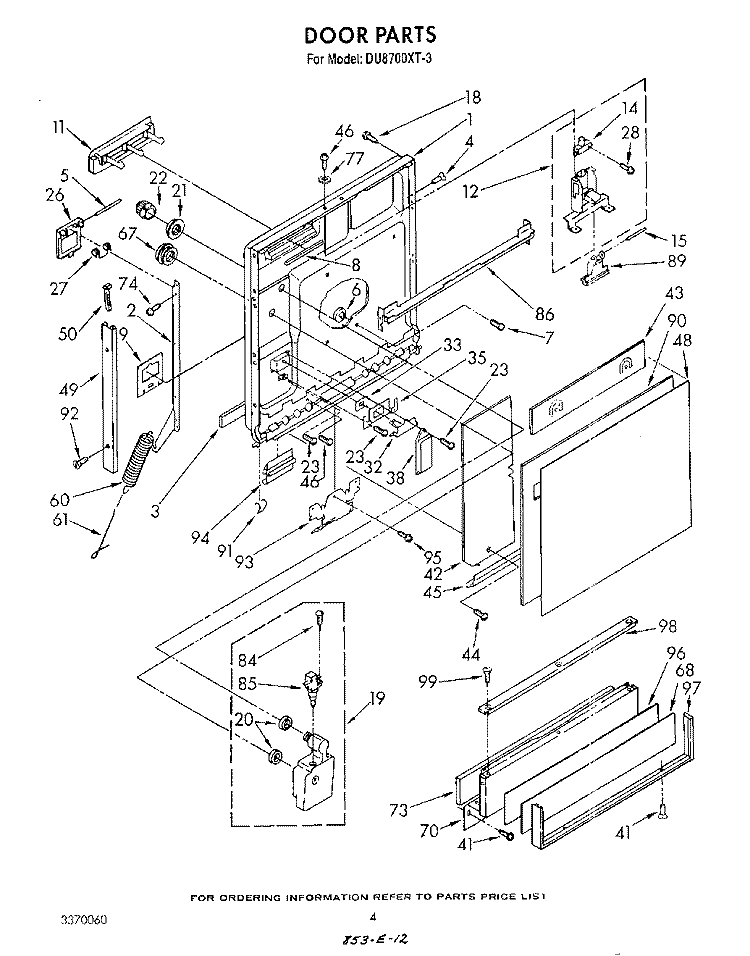 DOOR Diagram and Parts List for DU8700XT3  Whirlpool Dishwasher