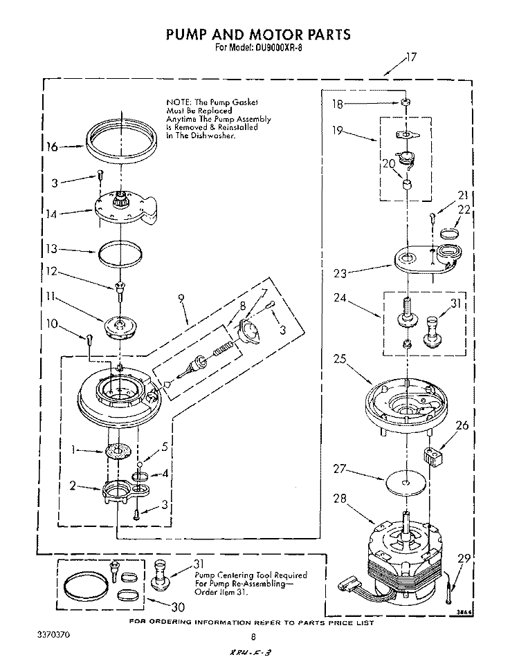 PUMP AND MOTOR Diagram and Parts List for DU9000XR8  Whirlpool Dishwasher