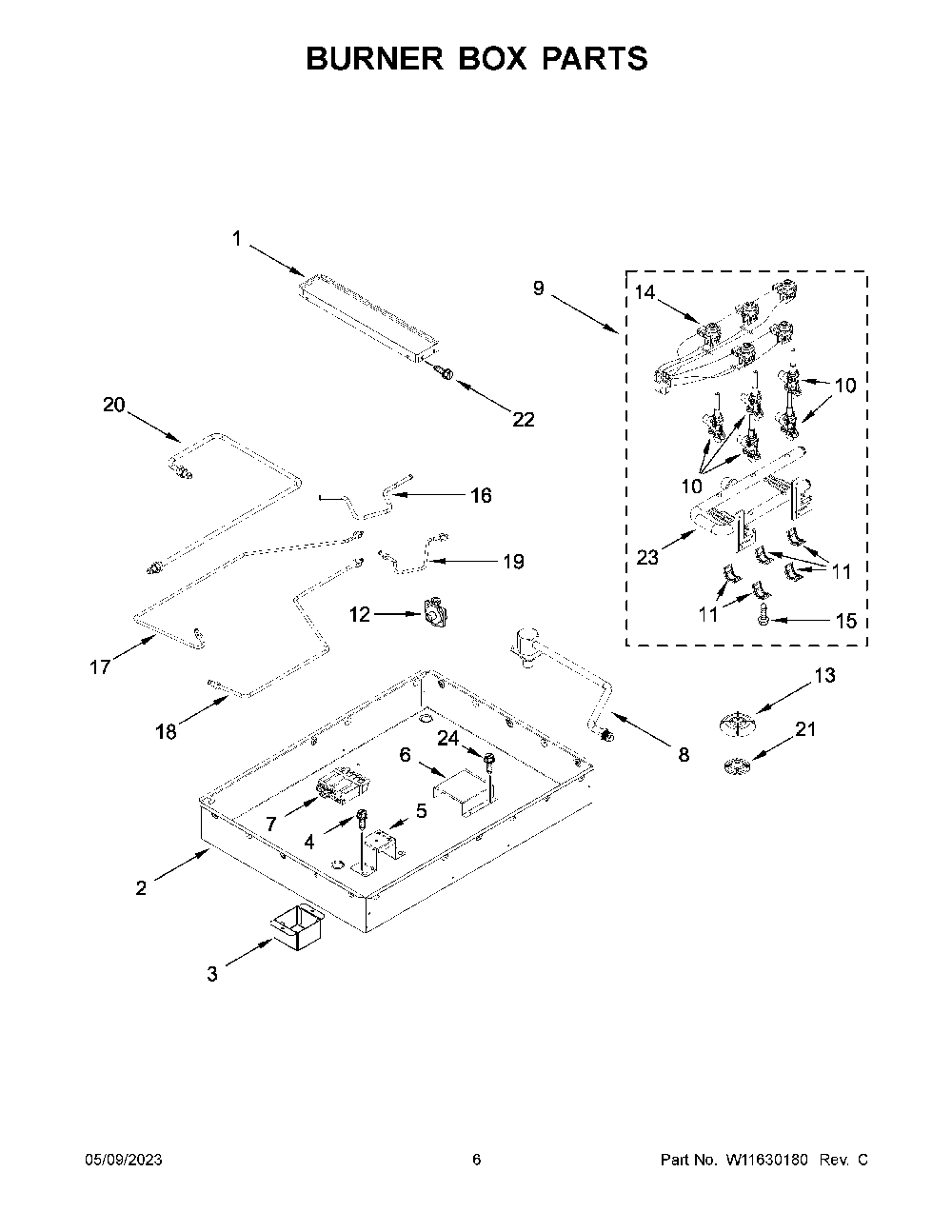 Burner Box Parts Diagram and Parts List for KCGD506GSS05  KitchenAid Cooktop