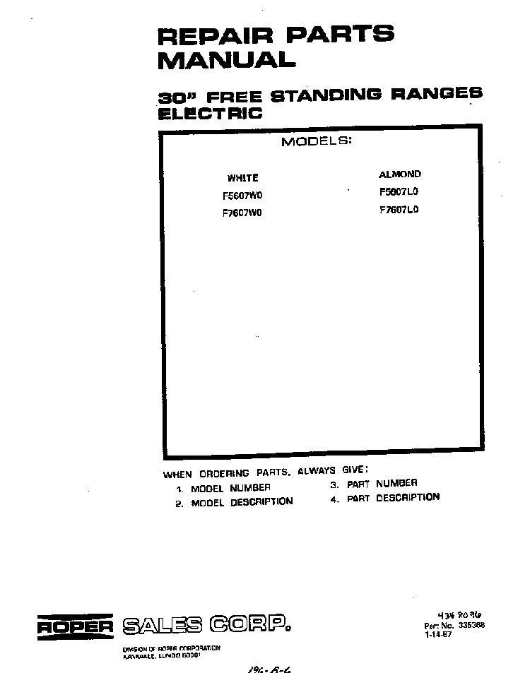 Front Cover Diagram and Parts List for F7607*0  Roper Range