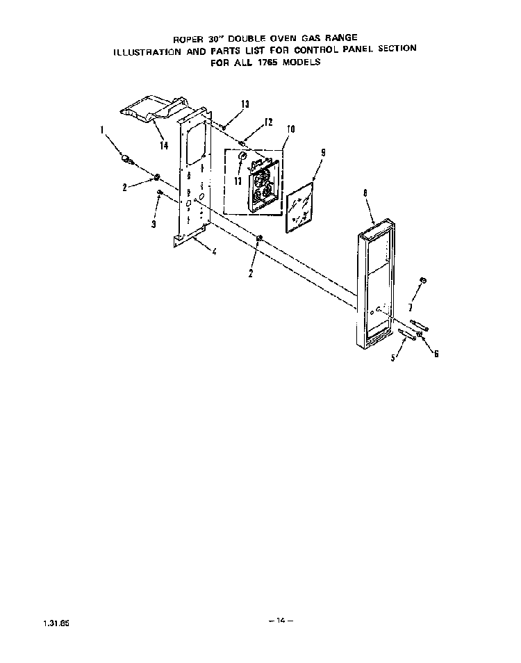 Control Panel Diagram and Parts List for 1765*0A  Roper Range