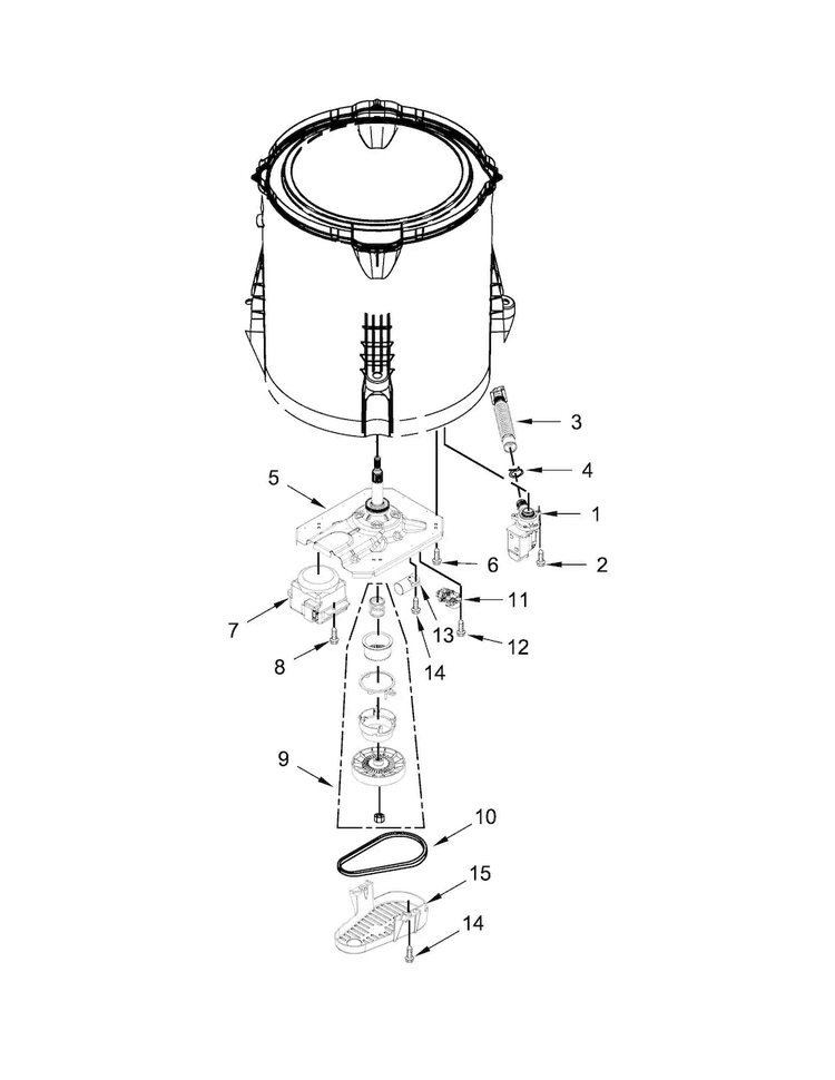 Gearcase, Motor And Pump Parts Diagram and Parts List for 7MWTW1801BQ1  Whirlpool Washer