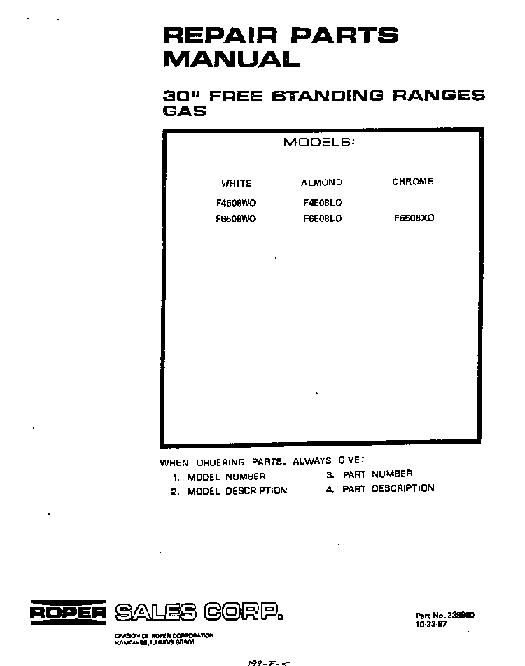 Front Cover Diagram and Parts List for F6508*0  Roper Range