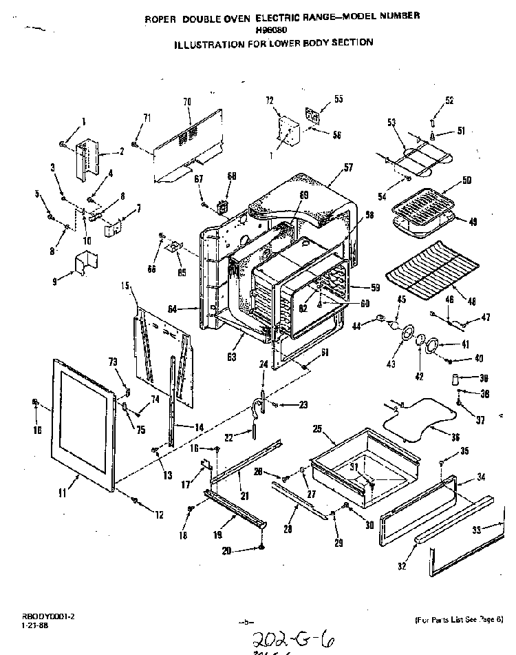 Lower Body Diagram and Parts List for H9608*0  Roper Range