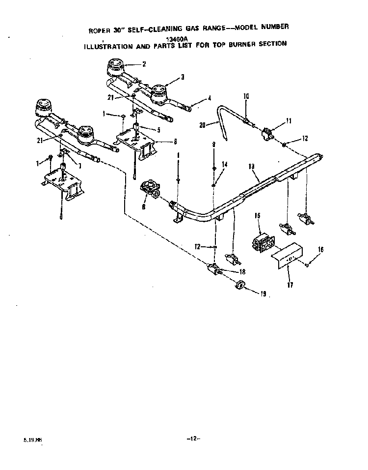 Top Burner Diagram and Parts List for 1346*0A  Roper Range